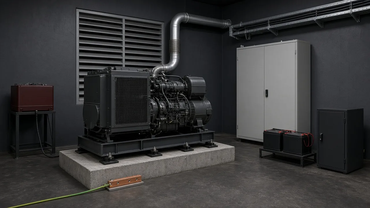 Generator room with foundation, ventilation, transfer panel, cables, exhaust, fuel tank, earthing, batteries, and a UPS